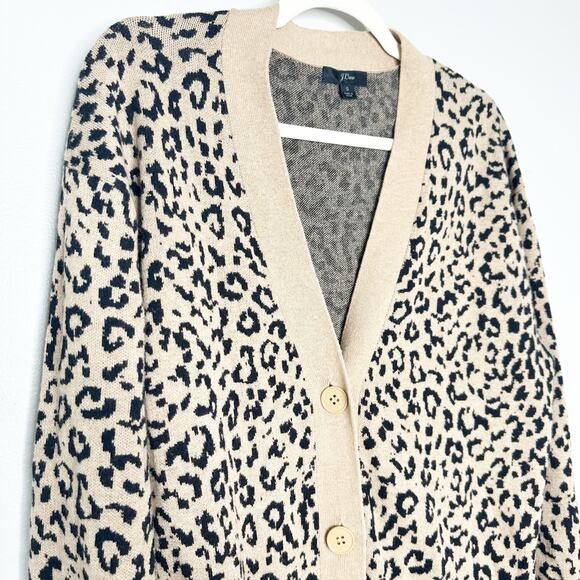 J.Crew Womens Long Cardigan Sweater Leopard Print Wool Blend Brown Black Size S - Picture 4 of 8